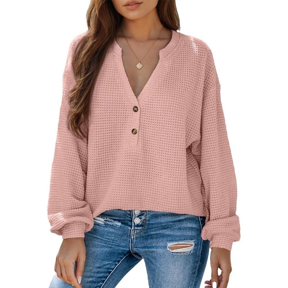 Women's Pink Button Down Shirts Long Sleeve V Neck Blouses Tee Dressy Tops